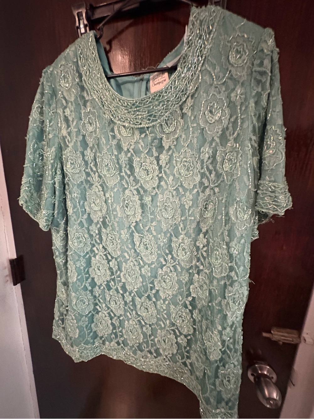 Vintage Embellished Lace Overlay Blouse in Seafoam Green. Size 26W.